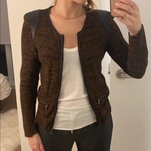 Zip front sweater with leather detail